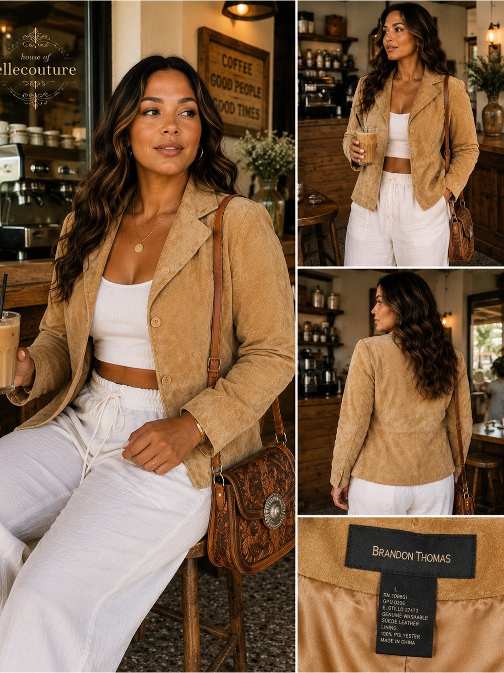 Vintage Brandon Thomas Camel Suede Leather‎ Blazer Jacket Large Boho Western